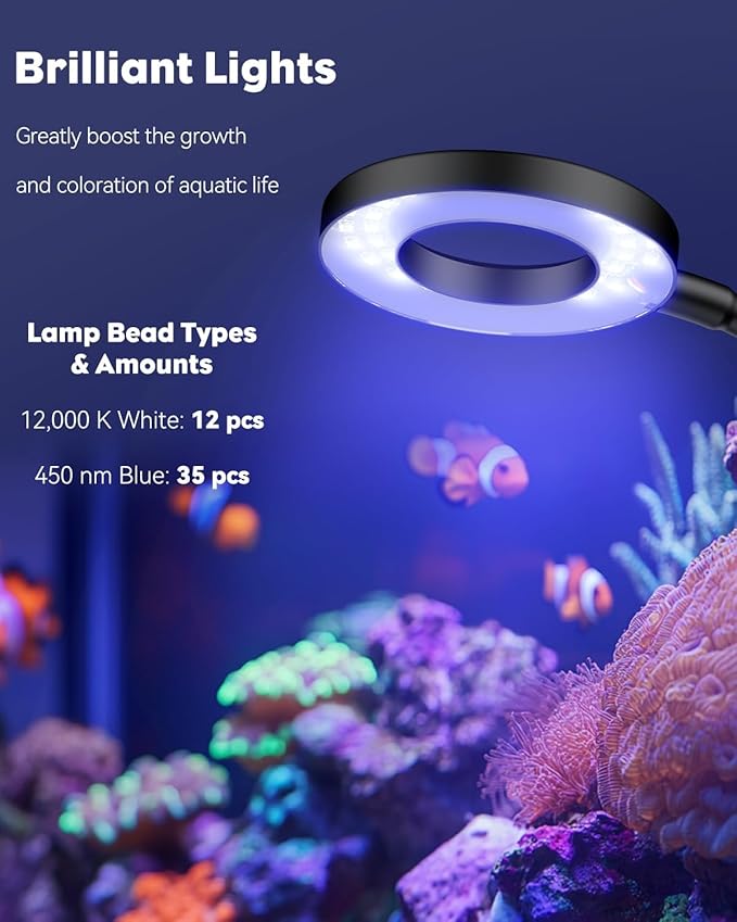 Pawfly Aquarium Light for 1-3 Gallon Saltwater Fish Tanks, Clip On LED Reef Light for Corals, Dimmable USB Aquarium Lamp with Full Spectrum Lighting and Timer (Adapter Not Included)