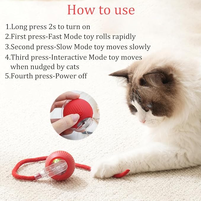 Marchul Interactive Cat Toys Ball, Automatic Moving Cat Toy for Bored Indoor Cats, Active Rolling Ball for Dogs, 360° Smart Pet Toy Fast Rolling on Carpet (Red)