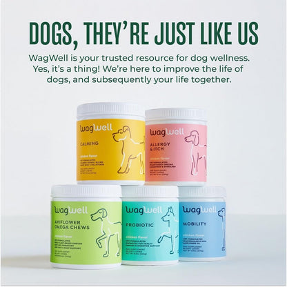 WagWell Ahiflower Omega Oil Dog Chews - Vet-Formulated Skin, Coat, Hip and Joint - Plant-Based Omega 3, 6 and 9 Supplement - Natural Chicken-Flavored Dog Omega Oil Bites, 60 Soft Chews