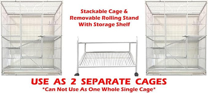 76" Extra Large Double Stackable Wrought Iron Breeding Bird Flight Parrot Cockatiel Conure Breeder Separate Cages Nesting Box Doors Easy Clean Pull Out Grate Tray Detachable Rolling Stand