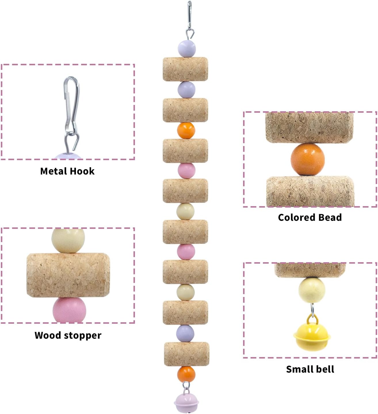 Bird Toys, 2 Pack Bird Chew Toy with Wooden Corks and Colorful Plastic Beads, Parakeet Toys, Cage Accessories for Budgies, Cockatiels, Lovebirds, Green Cheeks, Small to Medium Birds