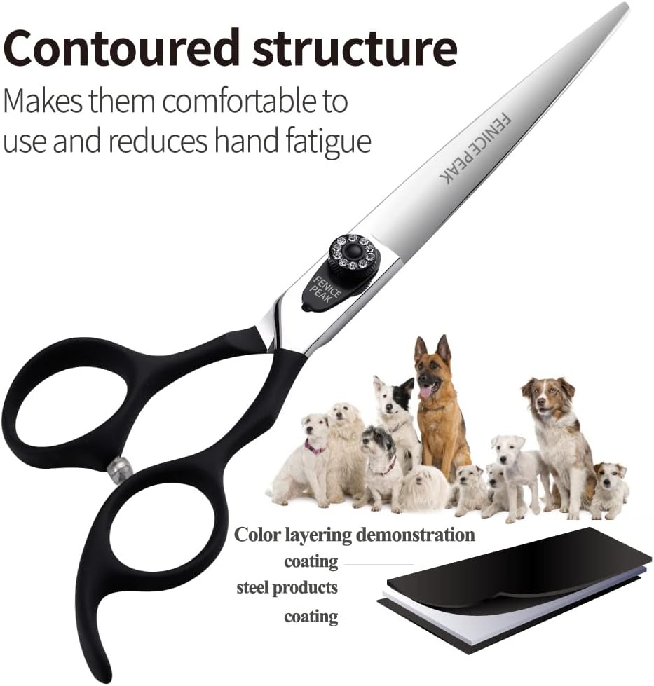 Fenice Peak 7.0'' Dog Straight Scissors For Grooming Pet Hair Cutting Shears 440C Stainless Steel Black Non-Slip Handle Sharp Blades Professional Pet Trimming Scissors for Cats