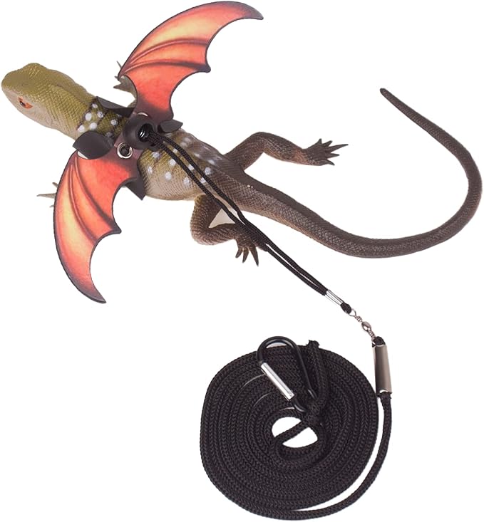 ADOGGYGO Bearded Dragon Lizard Leash Harness - Adjustable Cool Orange Leather Wing Reptile Harness Leash for Bearded Dragon Lizard