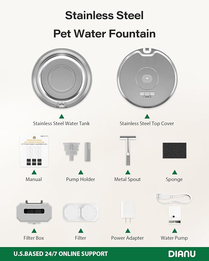 Cat Water Fountain Stainless Steel - 3.2L/108oz Pet Water Fountain for Cats Indoor - Automatic Pet Watering Dispenser (1 Filter)
