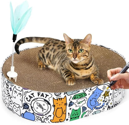 Cat Scratcher Cardboard 2in1 Oval Cat Scratcher Bed for Indoor Cats Cat Scratch Pad Bowl with Scratching Toy Corrugated Lounge Bed&Furniture Protector &Training Toy XL(Graffiti