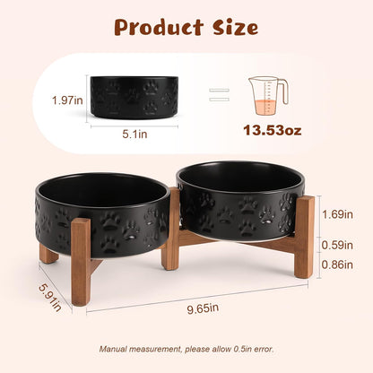SPUNKYJUNKY Ceramic Elevated Dog Bowl Set with Acacia Wood Stand for Food and Water for Cats and Small Dogs (13.52 OZ, Black, Dog Paw Pattern)