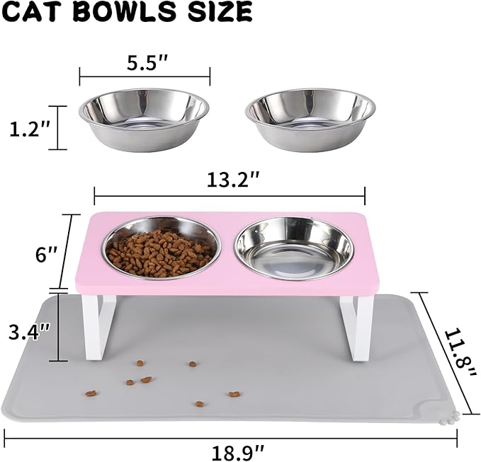 Upgraded Elevated Cat Bowls with Food Mat,15°Tilted Stand Anti Vomiting Raised Cat Dishes for Food and Water,2 Stainless Steel Bowls for Cats and Puppy（Pink）