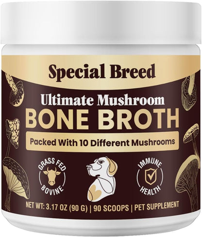 Beef Bone Broth for Dogs - Dog Bone Broth Powder with Ten Organic Mushrooms - High Protein + Ten Mushroom Supplement for Joint Flexibility, Immune Support, Cognition, Vitality, Hydration - 90 Scoops