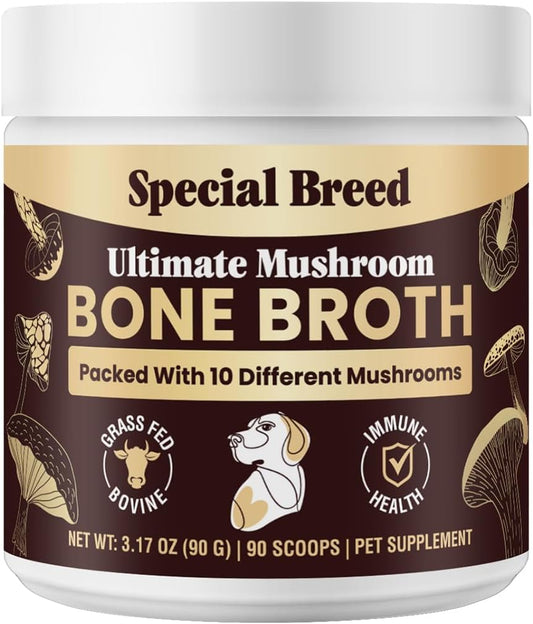 Beef Bone Broth for Dogs - Dog Bone Broth Powder with Ten Organic Mushrooms - High Protein + Ten Mushroom Supplement for Joint Flexibility, Immune Support, Cognition, Vitality, Hydration - 90 Scoops