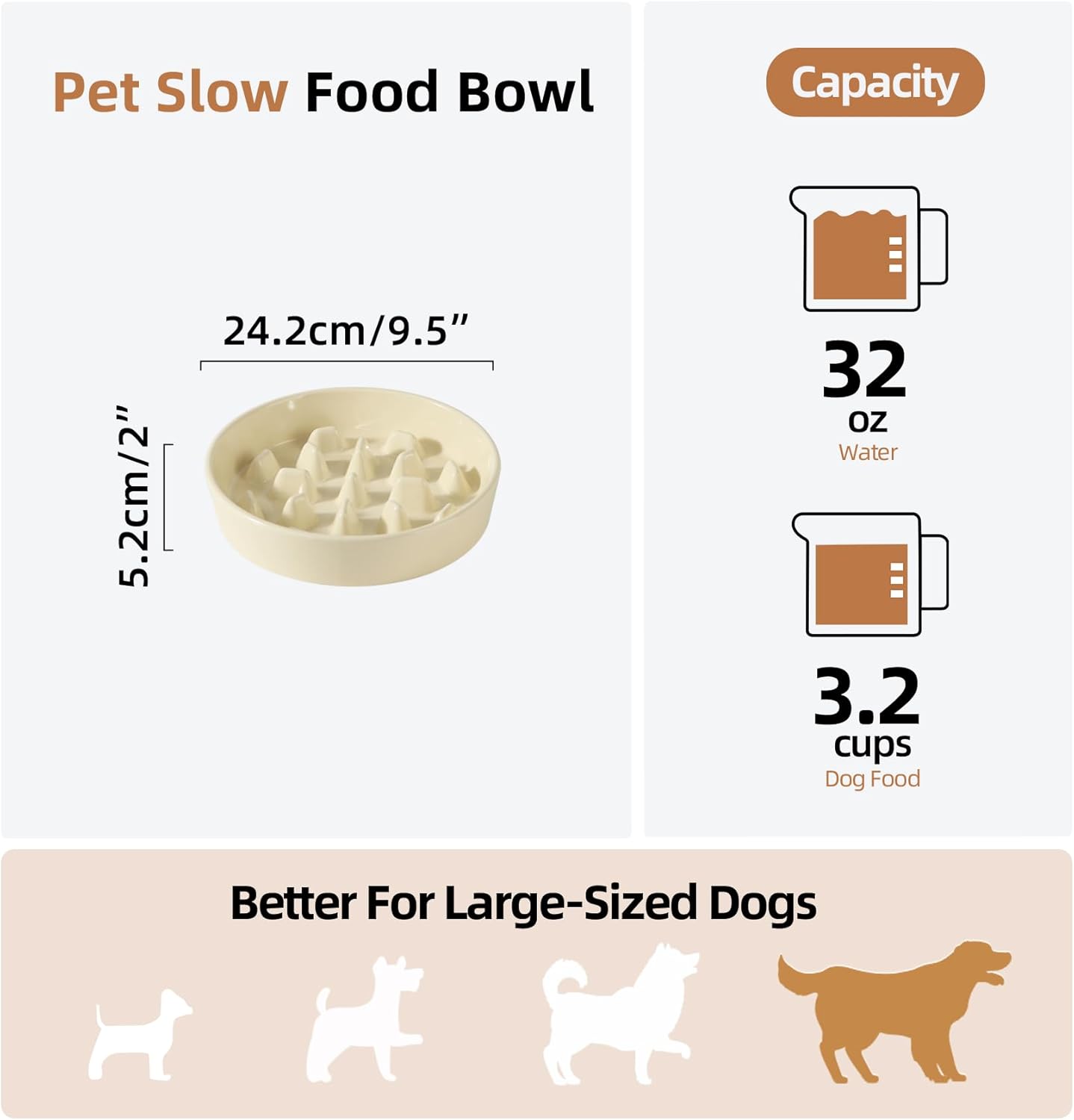 Ceramic 3.2 Cup Dog Bowl Slow Feeder, 9.5 inch Slow Pet Food Dish for Large Dog, Stop Bloat, Preventing Choking(Single Bowl, Beige)