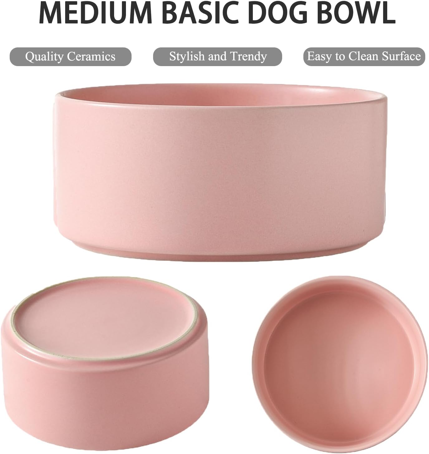 6'' Ceramic Raised Dog Bowl - 30Oz Dog Food & Water Bowl with Elevated Non-Slip Bamboo Stand, Dishwasher & Microwave Safe, Anti Vomiting Heavy Duty Pet Bowl for Small and Medium Dogs, Pink