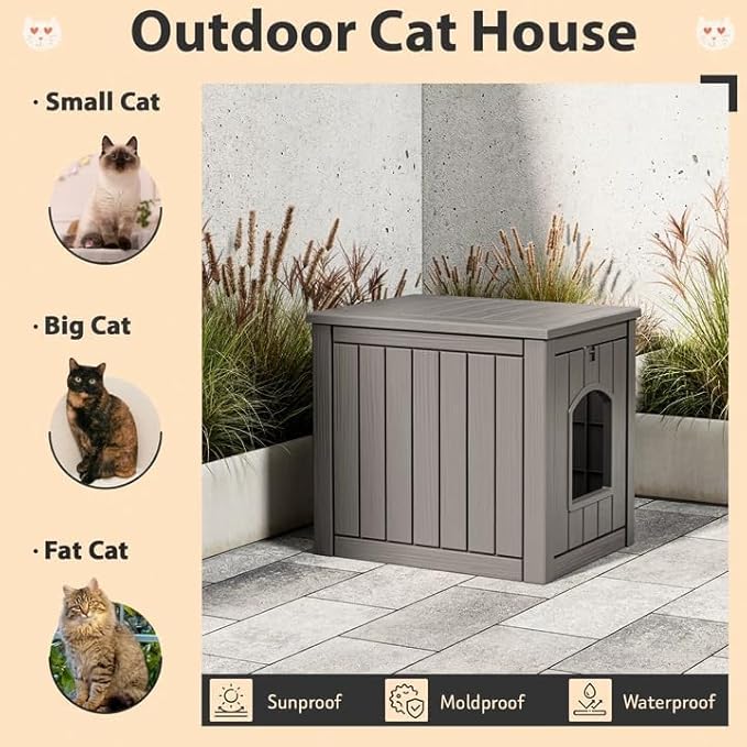 Outdoor Cat House Weatherproof, Feral Clawsable Cat Houses for Outdoor Indoor Cats Shelter, Insulated for Winter Outside, Durable Resin Material for Garden, Patio, Easy to Assemble, Grey