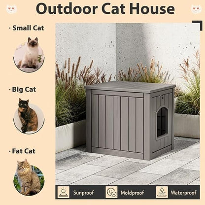 Outdoor Cat House Weatherproof, Feral Clawsable Cat Houses for Outdoor Indoor Cats Shelter, Insulated for Winter Outside, Durable Resin Material for Garden, Patio, Easy to Assemble, Grey