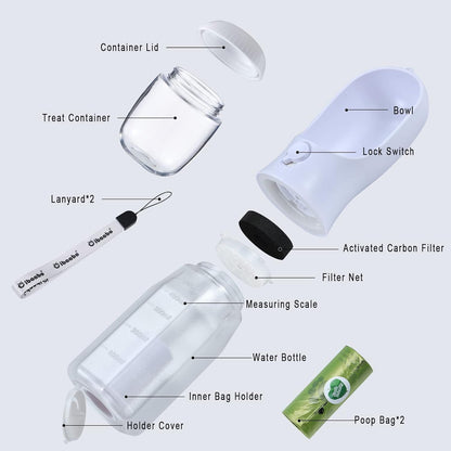 Dog Water Bottle with Food Container & Poop Bag Holder, Travel Water Bowl, Portable Pet Dispenser, Dog Gifts Stuff Accessories Items, Puppy Essentials for Yorkie Chihuahua Walking Hiking