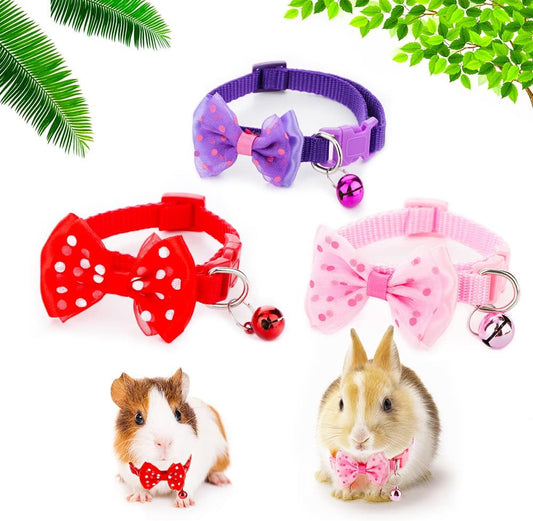 3 Pcs Rabbit Adjustable Collars with Bell, Guinea Pig Bow-Knot Cute Collar, Small Animal Exercise and Interaction Accessories (Colors May Vary)