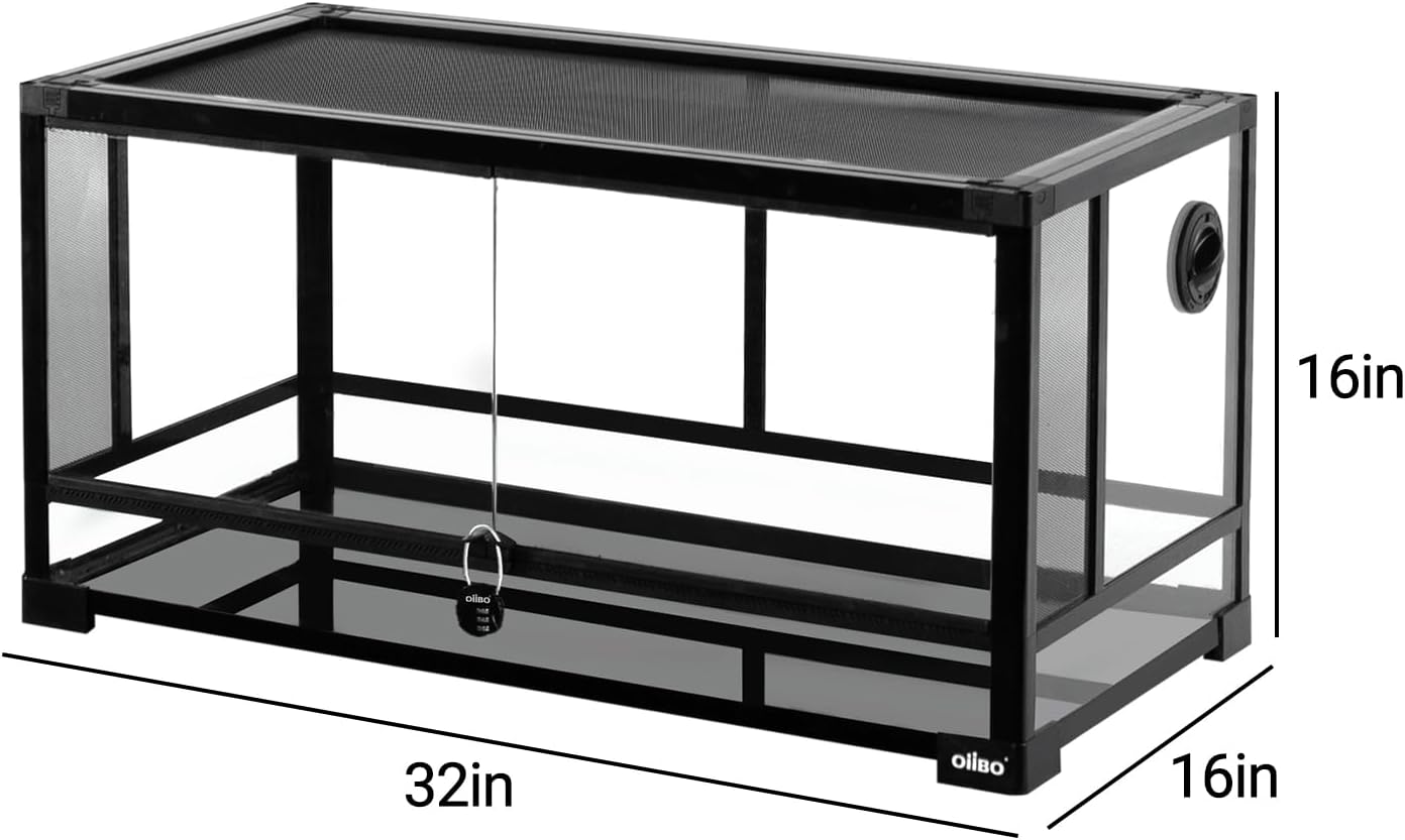 OIIBO Glass Reptile Terrarium, 32"x16"x16" Bearded Dragon Tank with One-Hand Opening Front Doors, Top and Front Ventilation, Reptile Lounge Habitat for Bearded Dragon Ball Python Snake Gecko