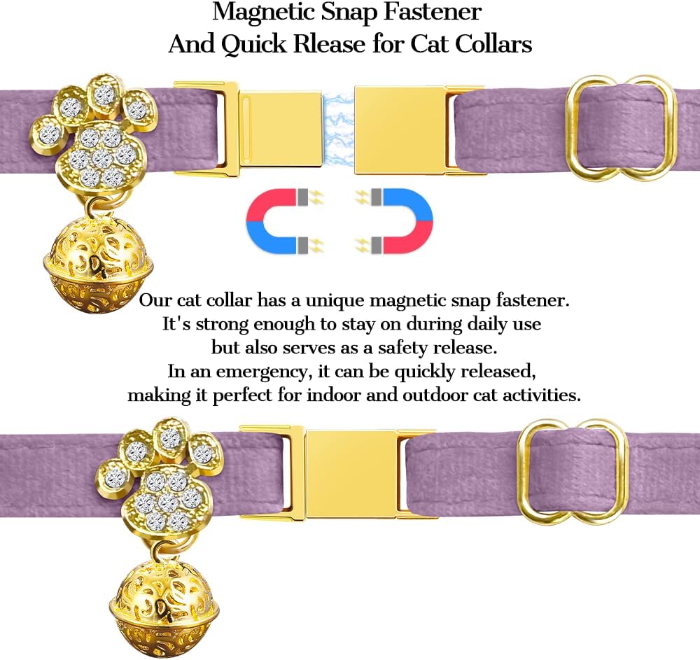 Personalized Breakaway Cat Collars - Magnetic Buckle, Bell - Safety Quick Release, Customized for Girls & Boys Cats- (Velvet-Deep Purple)