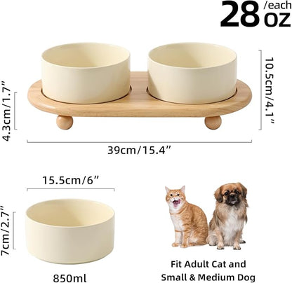 Ceramic Elevated Dog Bowls, Food and Water Bowls for Dogs, Puppy, Raised Dog Dish, Pet Feeder(6inch, 2 x Beige + Stand)