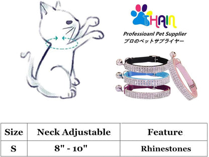 THAIN Rhinestones Cat Dog Collar Soft Velvet Safe Adjustable Collar Bling Diamante with Bells, 8-11 inch for Small Dogs and Cats (Red)