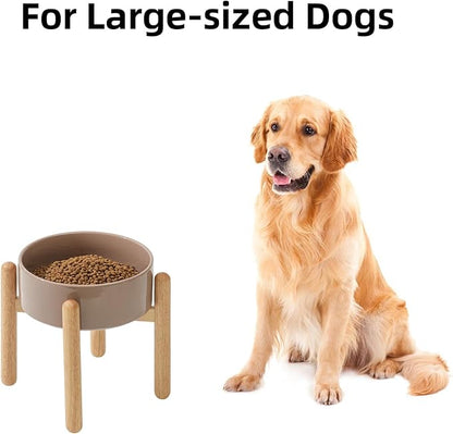 Ceramic 8.2inch Raised Dog Bowl with Stand for Large - Breed Dogs, Pet Food and Water Feeder(Single Bowl with Stand - Brown Coffee)