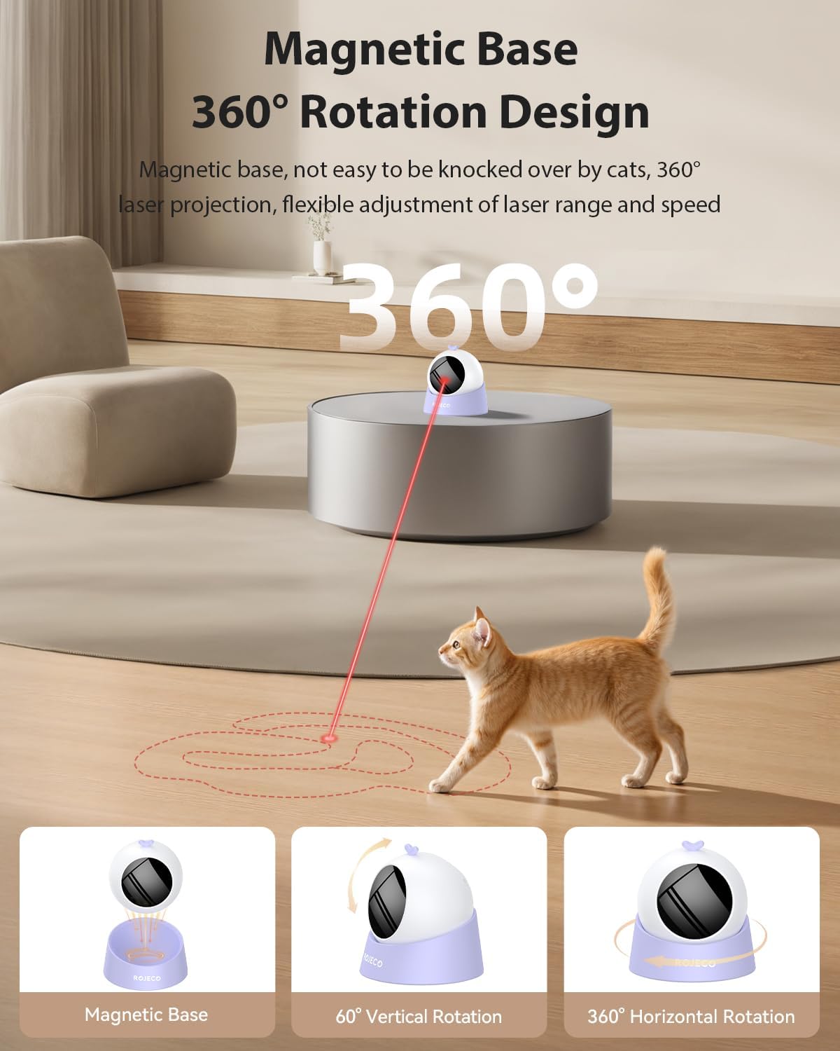 ROJECO Auto Laser Cat Toy - Random Motion Track, Magnetic 360° Base, Run Quiet,Rechargeable with 1000mAh Battery, Auto Sleep & 3 Speed Modes, Safe for Cats,Interactive Cat Toys for Bored Indoor,Purple