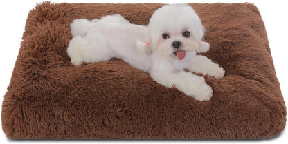 Bedfolks Waterproof Crate Bed, Plush Dog & Cat Kennel Pad with Removable Cover, Faux Fur, Washable, 21"x13", Solid Brown