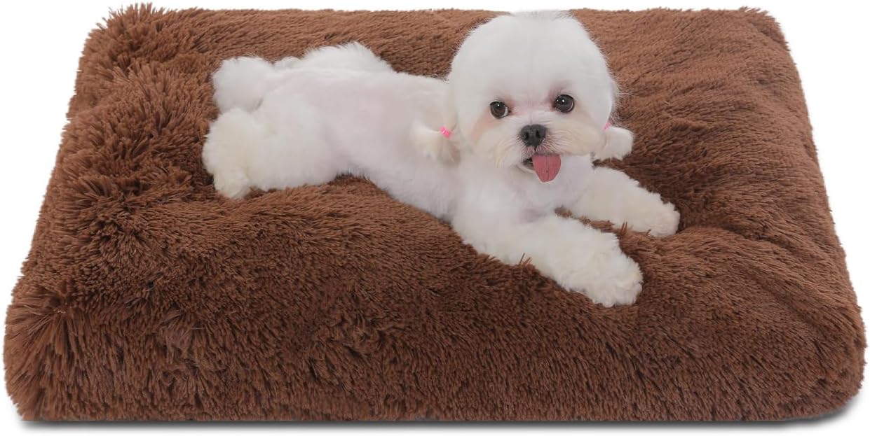 Bedfolks Waterproof Crate Bed, Plush Pad With Removable Cover, Faux Fur for Small Dogs and Cats, Fluffy Washable Kennel Bed 17"x12", Solid Brown