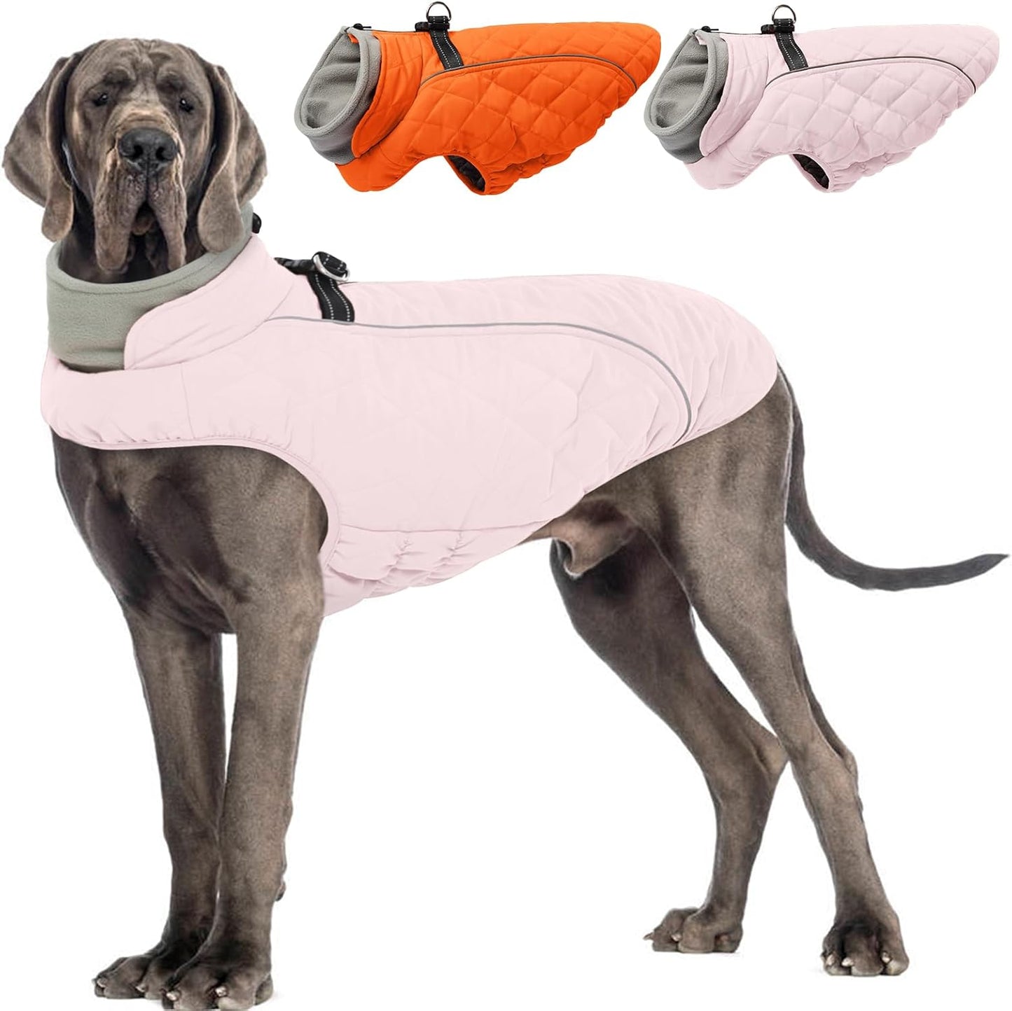 Dog Coat with Harness Built in -Pink,3XL- Fleece Lined Dog Snow Jacket Snowsuit，Adjustable Reflective Winter Warm Cold Weather Coat