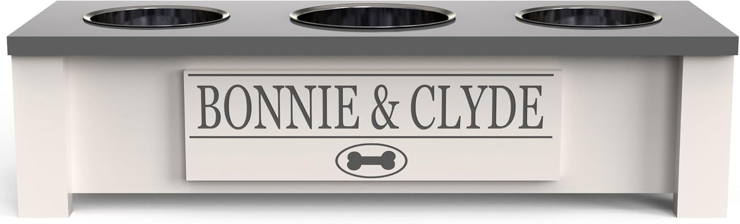 GrooveThis Woodshop - Personalized Elevated Triple Dog Bowl Stand for Large, Medium, Small, X-Small Dogs - 3 Stainless Steel Food and Water Bowls - Raised Dog Dish with Internal Storage (Small, Grey)