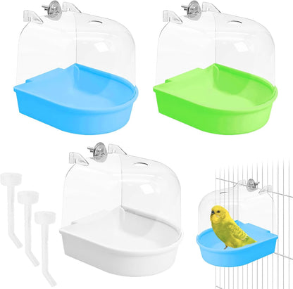 Tfwadmx 3Pcs Bird Bath for Cage Hanging Parakeet Bath Box Clear Bird Bathtub Water Shower Food Feeder Bathing Tub for Cockatiel Conure Canary Budgies