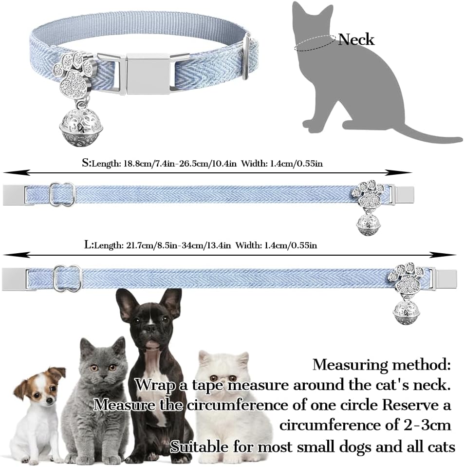 Personalized Breakaway Cat Collars - Magnetic Buckle, Bell - Safety Quick Release, Customized for Girls & Boys Cats- (Herringbone-Sky Blue)