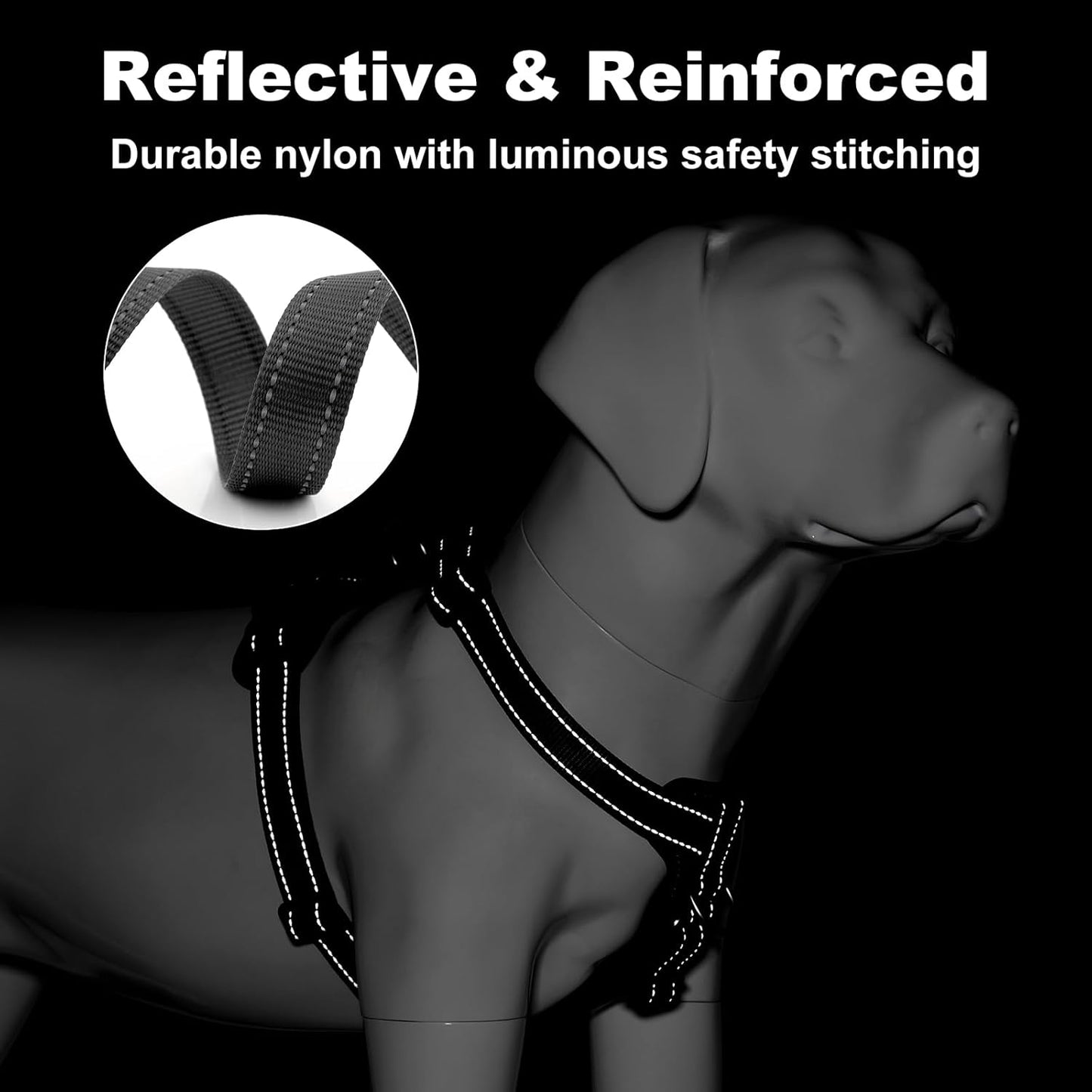 Plutus Pet Adjustable No Pull Dog Harness with Leather Accents, Heavy Duty Reflective Nylon Vest for Training, Hiking, Easy Walk Harness for Small, Medium, Large Dogs (Black, M)