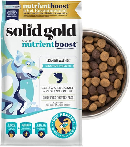 Solid Gold Salmon Dog Food for Sensitive Stomachs – Grain Free & Gluten Free Kibble w/Probiotics to Support Gut Health & Digestion - Sensitive Stomach Dog Food for All Ages – Nutrientboost™ – 22 LB