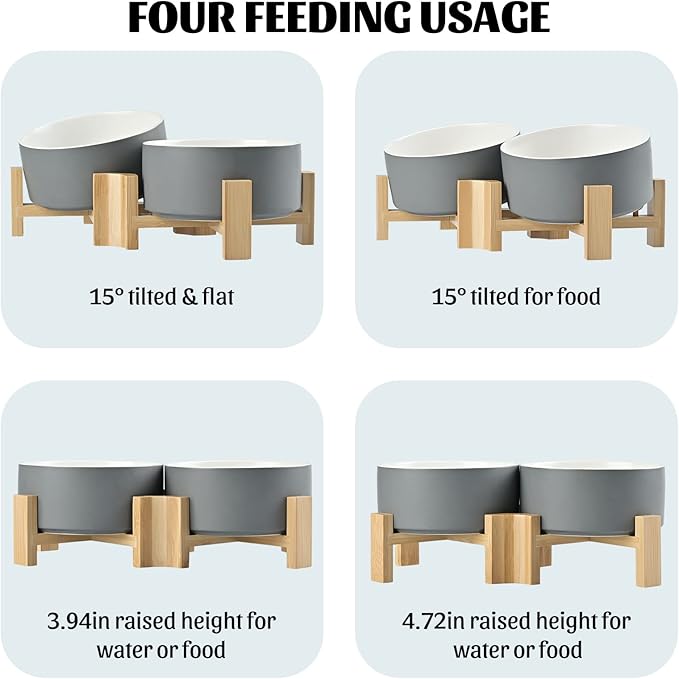 SPUNKYJUNKY 15° Slanted Ceramic Dog and Cat Bowl with Wooden Stand, Tilted Bulldog Food and Water Bowl No Slip Non-Spill for Cats Medium Dogs Big Face Pets 28.7 OZ (3.6 Cups, White-Grey × 2)