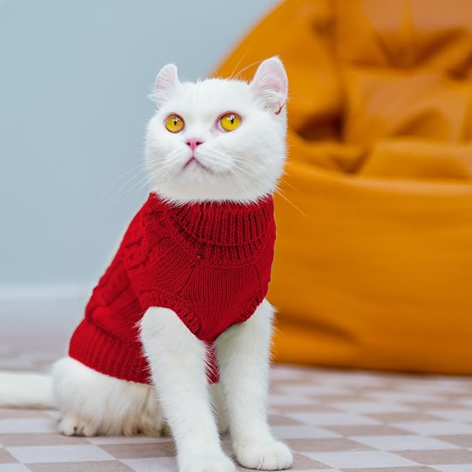 PUPTECK Winter Cat Sweater Coat - Soft Warm Cold Weather Clothes Knitwear for Kittens & Small Dogs Indoor Outdoor Wearing, Knitted Classic for Doggies Kitties, Red, M