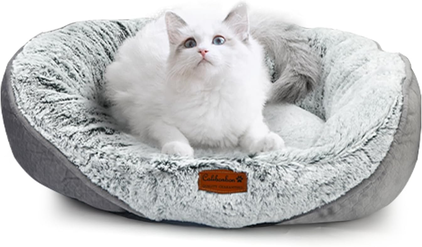 Luxury Calming Pet Bed for Cats & Small Dogs, All-in-One Machine Washable Long Fur Plush with Bolster, Non-Slip Waterproof Bottom & Orthopedic Support for Warmth, 20x19 Inch, Light Grey