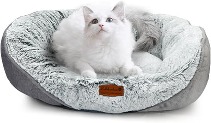 Luxury Calming Pet Bed for Cats & Small Dogs, All-in-One Machine Washable Long Fur Plush with Bolster, Non-Slip Waterproof Bottom & Orthopedic Support for Warmth, 20x19 Inch, Light Grey
