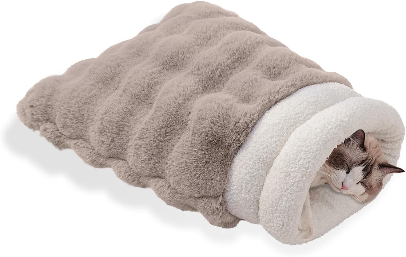 Cat Sleeping Bag for Indoor Cats Self Warming Cat Bed Fits up to 15 lbs Pets Soft Plush Warm Bed 360° Wrap Bag Washable Comfortable Pet Sleeping Bed 21" × 17" Coffee