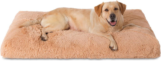 Bedfolks Waterproof Crate Bed, Plush Dog Kennel Pad with Removable Washable Cover, Faux Fur, Fluffy, 41"x27", Solid Camel