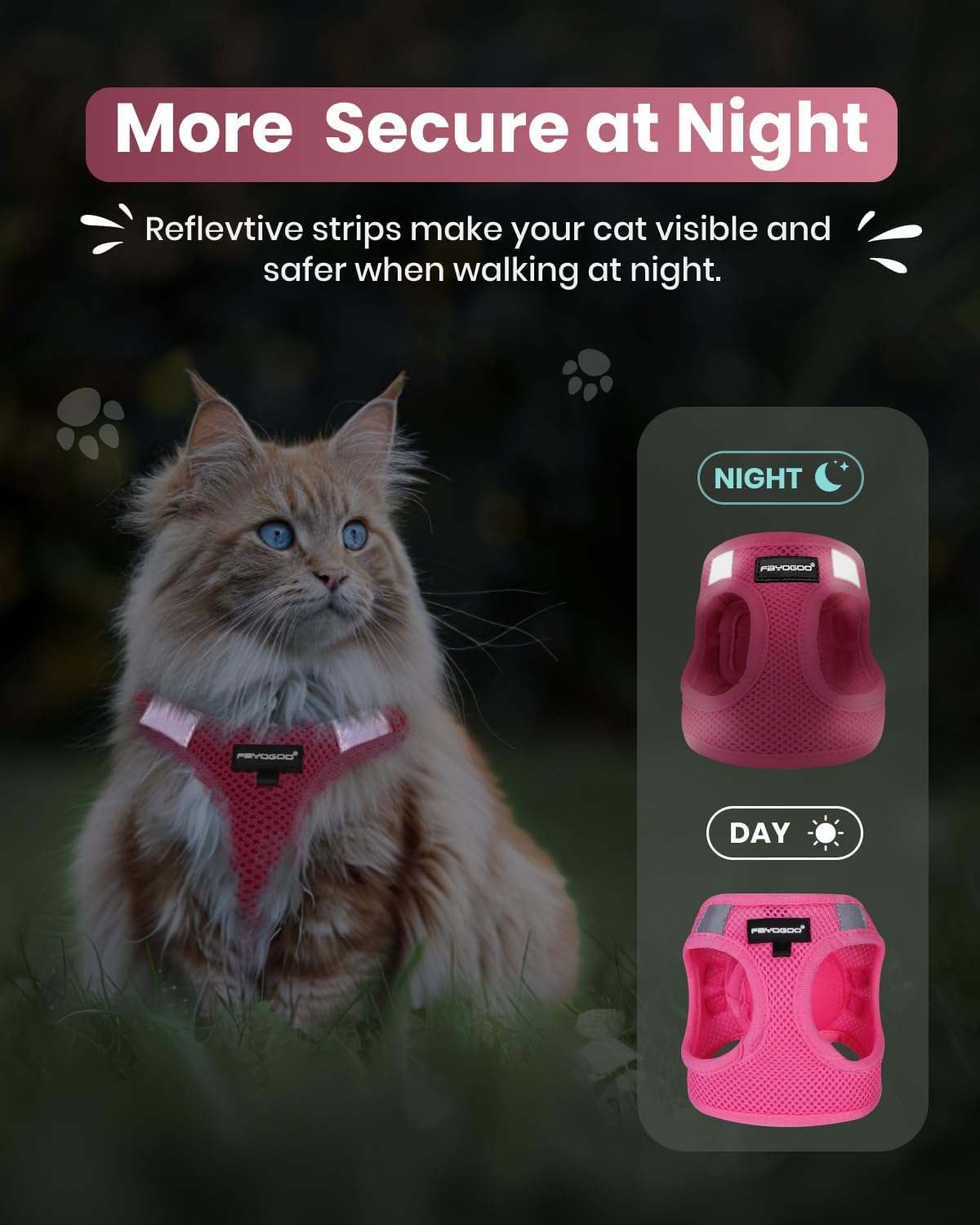 FAYOGOO Cat Harness and Leash Set | Upgrade Step-in Escape Proof Harness | Lightweight Soft Vest, No-Choke Design for Walking, Travel, Camping (Pink)