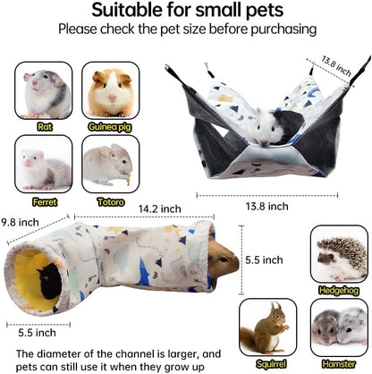 Large Caliber Guinea Pig & Rat Tunnel Hideout & Hammock, Corner Hideout Toy for Guinea Pig, Ferret, Hedgehog & Piggy to Hide and Shuttle (1. Hammock&Tunnel-Dinosaur)