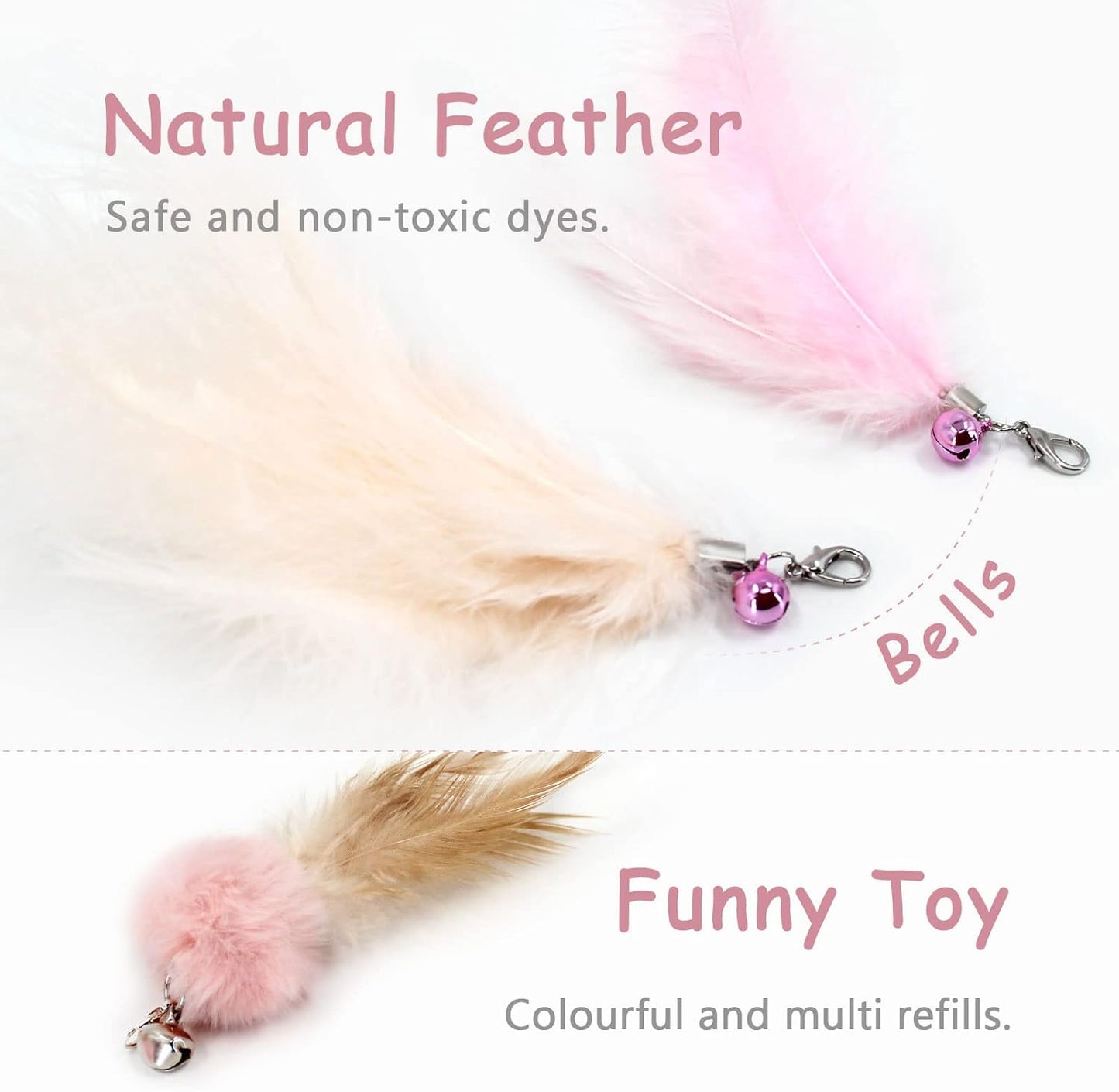 SONGWAY Interactive Cat Feather Toys - 7 PCS Cat Toys Set for Indoor Cats, Retractable Wand with Feather Tail Toy Refills, Kitten Toys Gift, Pink