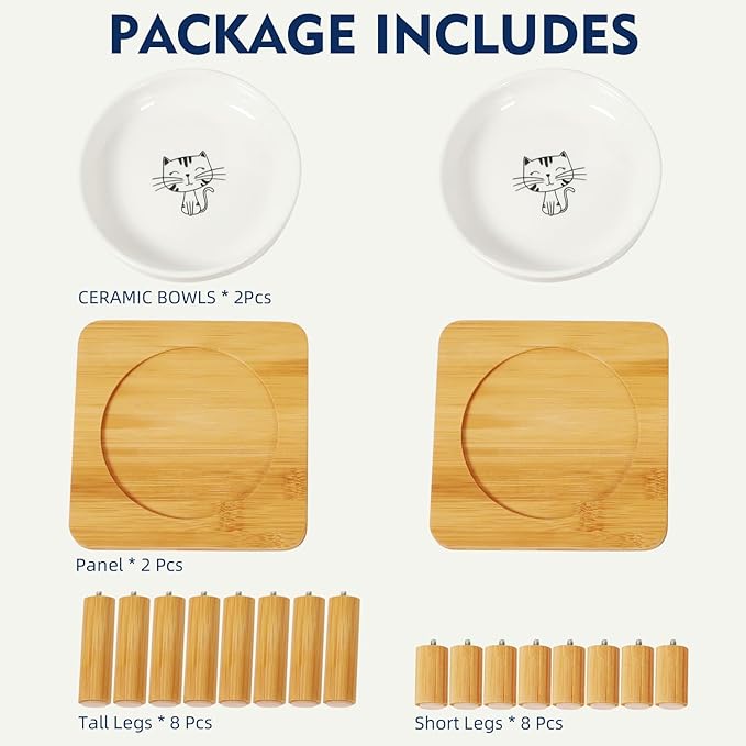 Elevated Cat Bowls for Indoor Cats – Raised Bamboo Cat Bowl Stand with 5.75 Inch Wide Ceramic Dishes, Pet Food Plate Table for Easy Feeding, Whisker Friendly(White,Set of 2)