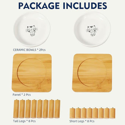 Elevated Cat Bowls for Indoor Cats – Raised Bamboo Cat Bowl Stand with 5.75 Inch Wide Ceramic Dishes, Pet Food Plate Table for Easy Feeding, Whisker Friendly(White,Set of 2)