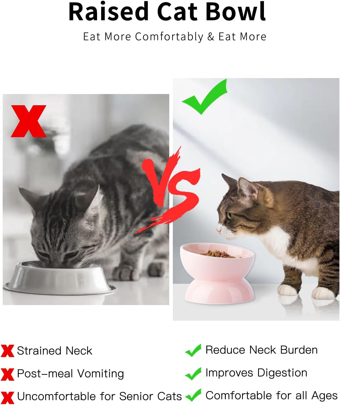 Cat Water Bowl, 16 OZ Ceramic Elevated Cat Bowls, 15° Tilted and Raised Pet Food Dish, Anti Vomiting Protect Pets' Spines and Whisker Fatigue