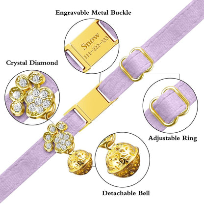 Personalized Breakaway Cat Collars - Magnetic Buckle, Bell - Safety Quick Release, Customized for Girls & Boys Cats- (Velvet-Light Purple)