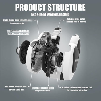 HCY&WLD Upgrade 4-in-1 Retractable Dog Leash with LED Light & Dispenser & Poop Bags, 16 ft Heavy Duty Dog Leash with Anti-Slip Handle for Dogs up to 66 lbs, 360° Tangle-Free, One Button Brake & Lock