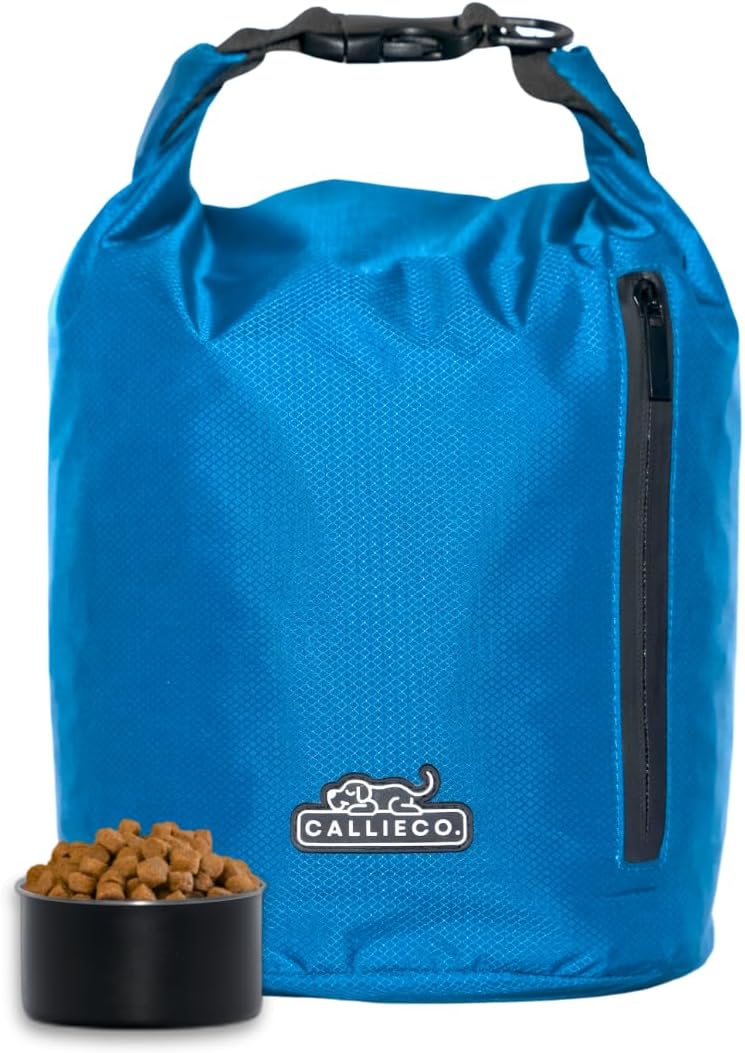 Callieco Dog Food Travel Bag w/ 1 Cup Scoop and Zipper Side Pocket | Waterproof Kibble Storage Container for Home, Road Trips, Camping, Boarding and More (Blue, 32 Cups)