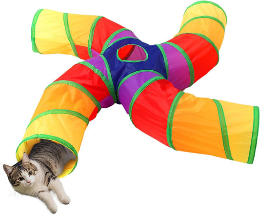 Pet Cat Tunnel, 4 Way Tunnels for Indoor Cats, Collapsible Pet Tunnel for Kitten, Puppy, Rabbit, 25cm-Wide Tunnels, Durable & Breathable, with Peek Hole Toy Ball