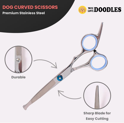 Dog Grooming Scissors Kit with Rounded Blunt Tips - Straight, Curved & Thinning Shears - Best Tools for Goldendoodles, Poodles & Doodles - Professional Grade Steel, 4 Pc Set [We Love Doodles]